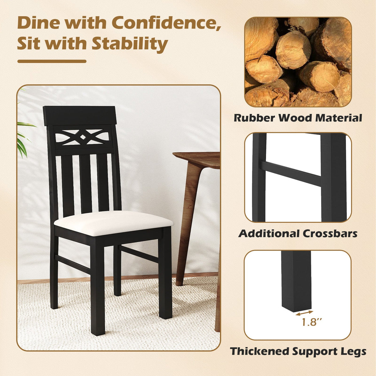 Set of 2 High Back Dining Room Chairs with Padded Seat and Rubber Wood Frame-Black