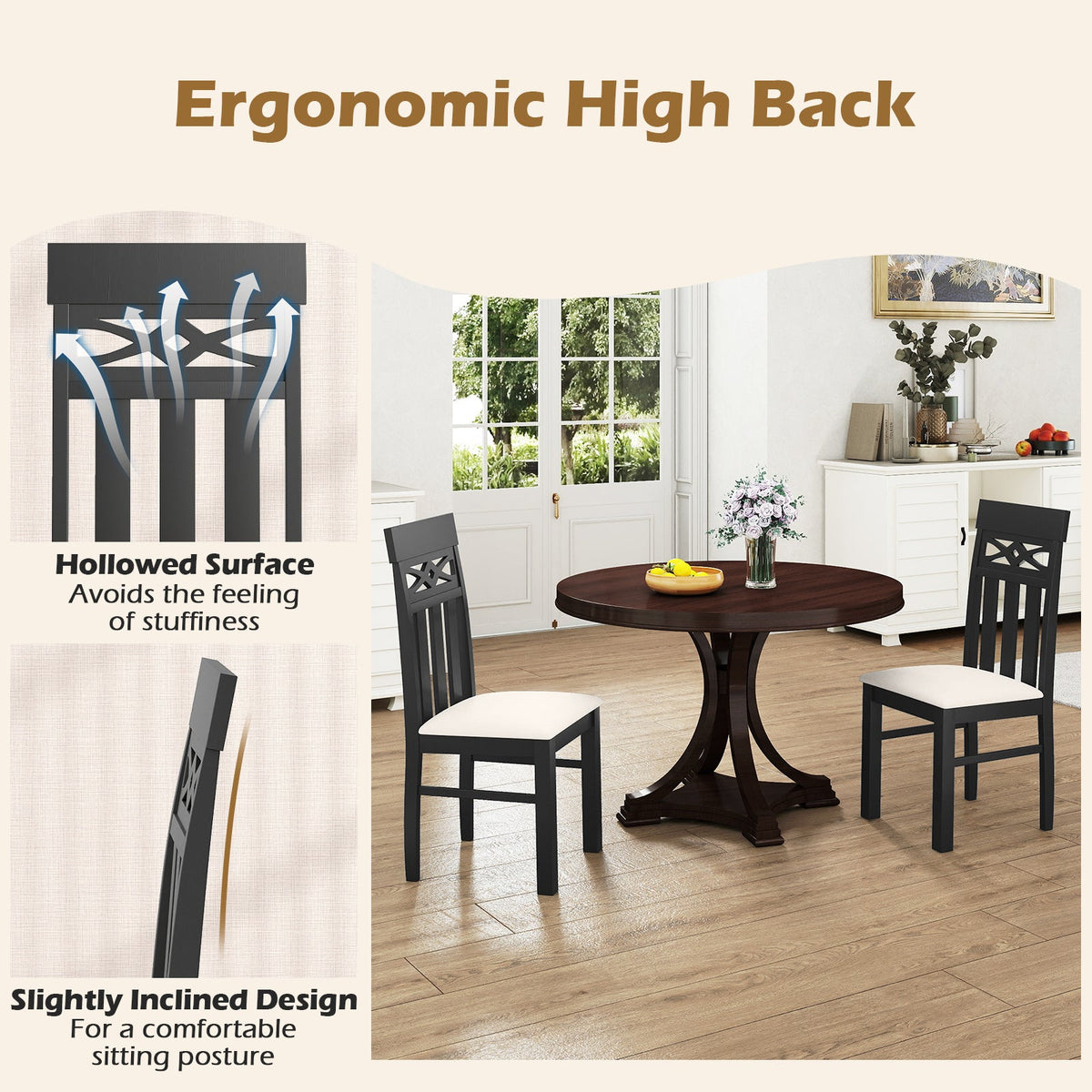 Set of 2 High Back Dining Room Chairs with Padded Seat and Rubber Wood Frame-Black