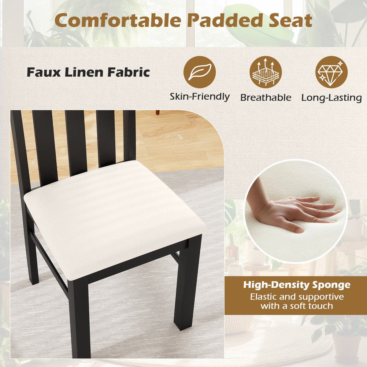 Set of 2 High Back Dining Room Chairs with Padded Seat and Rubber Wood Frame-Black