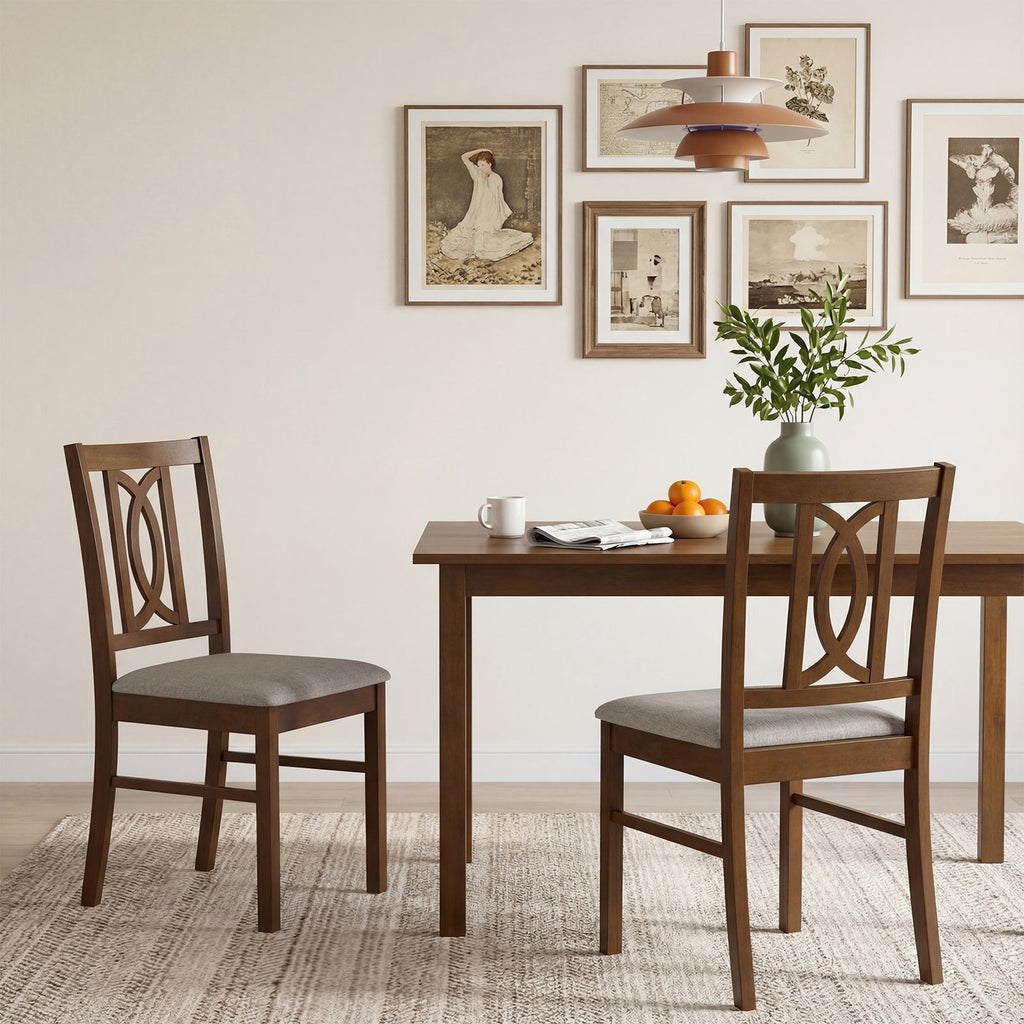 Set of 2 Rubber Wood Dining Chairs with Hollowed Backrest-Walnut