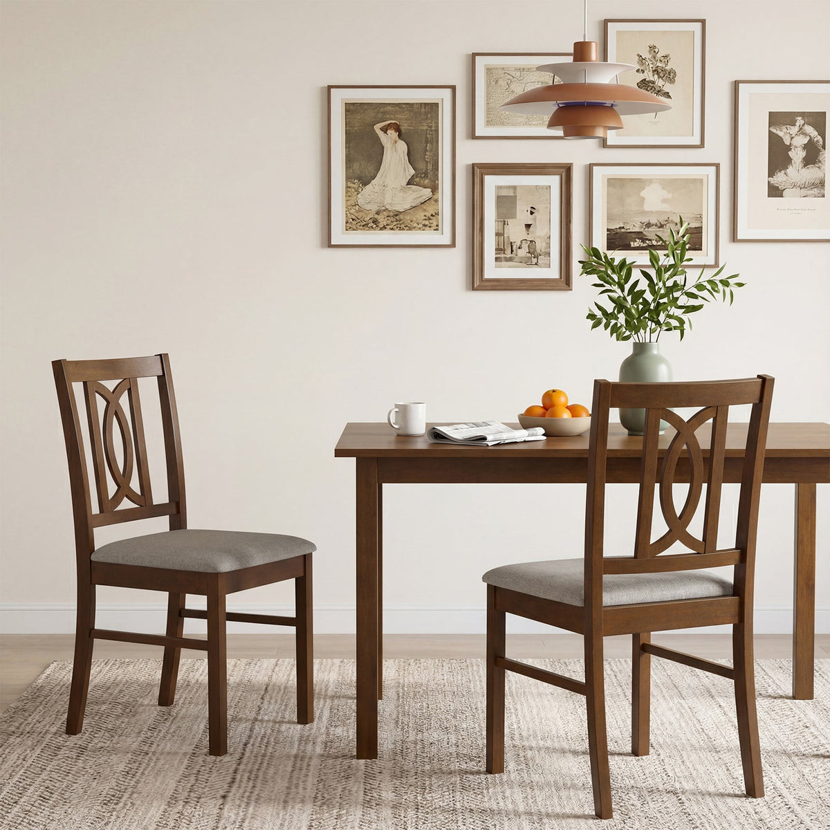 Set of 2 Rubber Wood Dining Chairs with Hollowed Backrest-Walnut