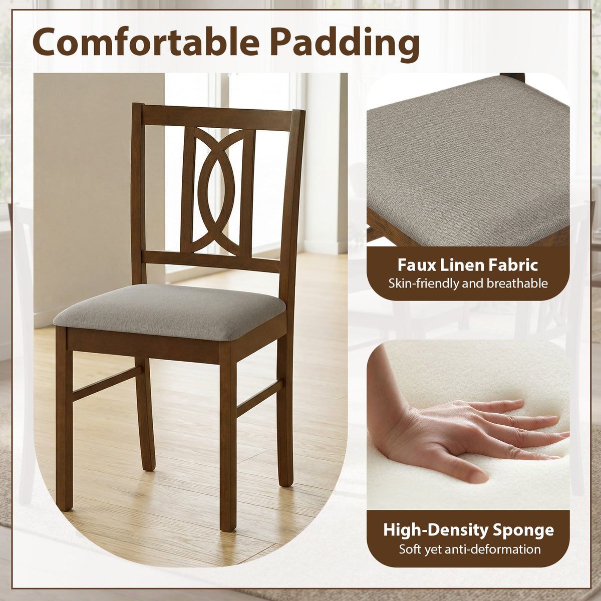 Set of 2 Rubber Wood Dining Chairs with Hollowed Backrest-Walnut