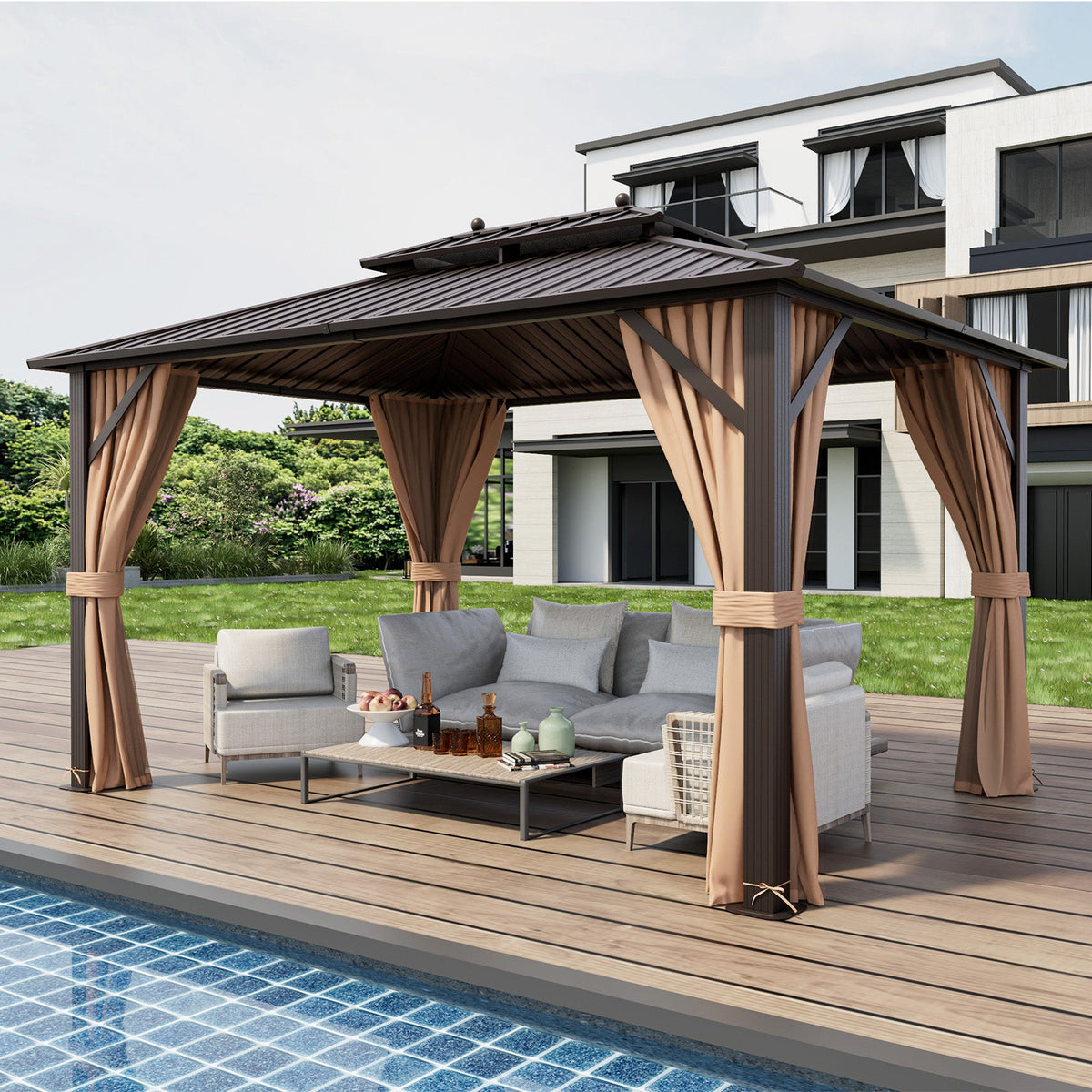 10x13ft Double-Roof Patio Hardtop Gazebo with Galvanized Steel Roof Netting and Curtains