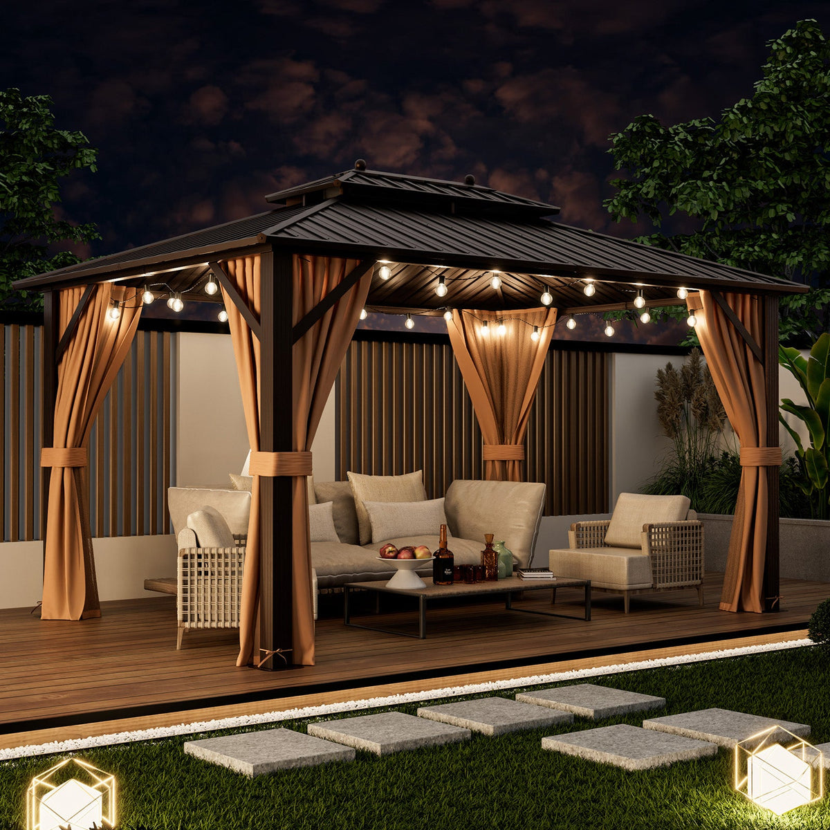 10x13ft Double-Roof Patio Hardtop Gazebo with Galvanized Steel Roof Netting and Curtains