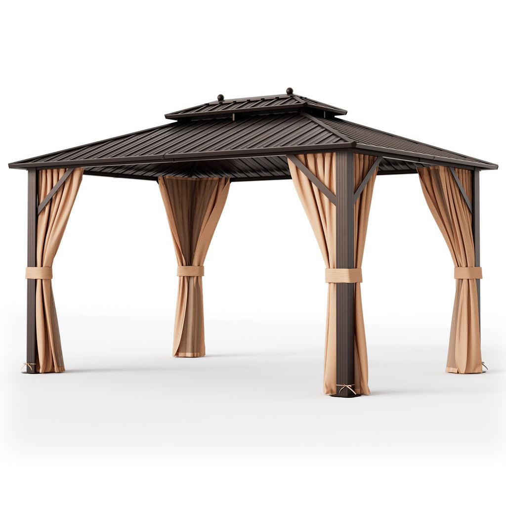 10x13ft Double-Roof Patio Hardtop Gazebo with Galvanized Steel Roof Netting and Curtains