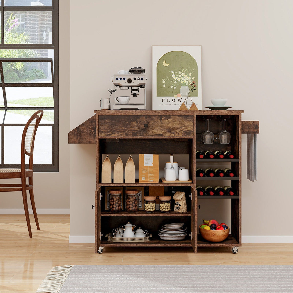Drop Leaf Mobile Kitchen Island Cart with Power Outlet