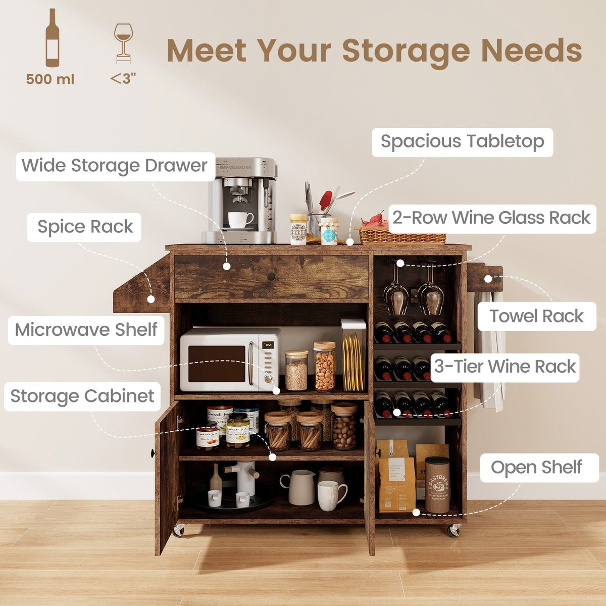 Drop Leaf Mobile Kitchen Island Cart with Power Outlet