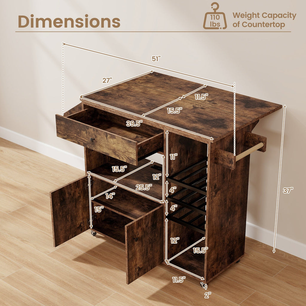 Drop Leaf Mobile Kitchen Island Cart with Power Outlet