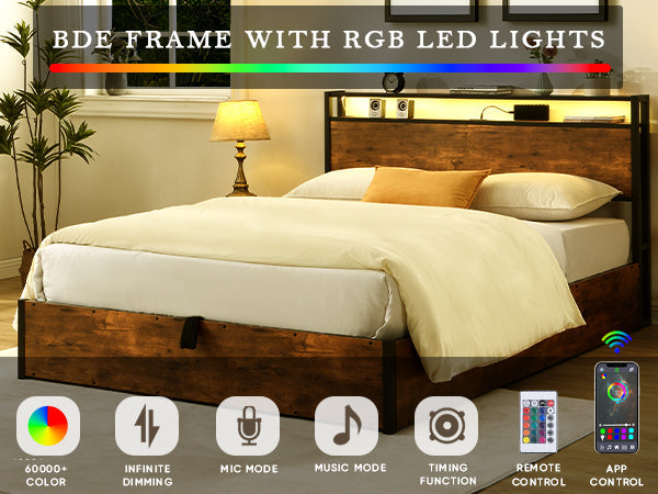 Elevating storage bed frame, full-size bed frame with bookshelf headboard and LED lights