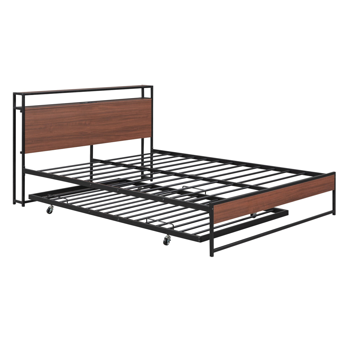 Queen Size Metal Platform Bed Frame with Trundle, USB Ports and Slat Support