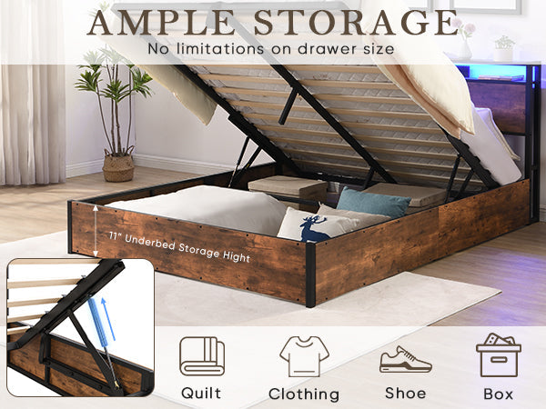 Elevating storage bed frame, full-size bed frame with bookshelf headboard and LED lights