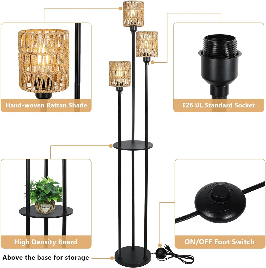 Boho Floor Lamp with Shelves 3-Lights