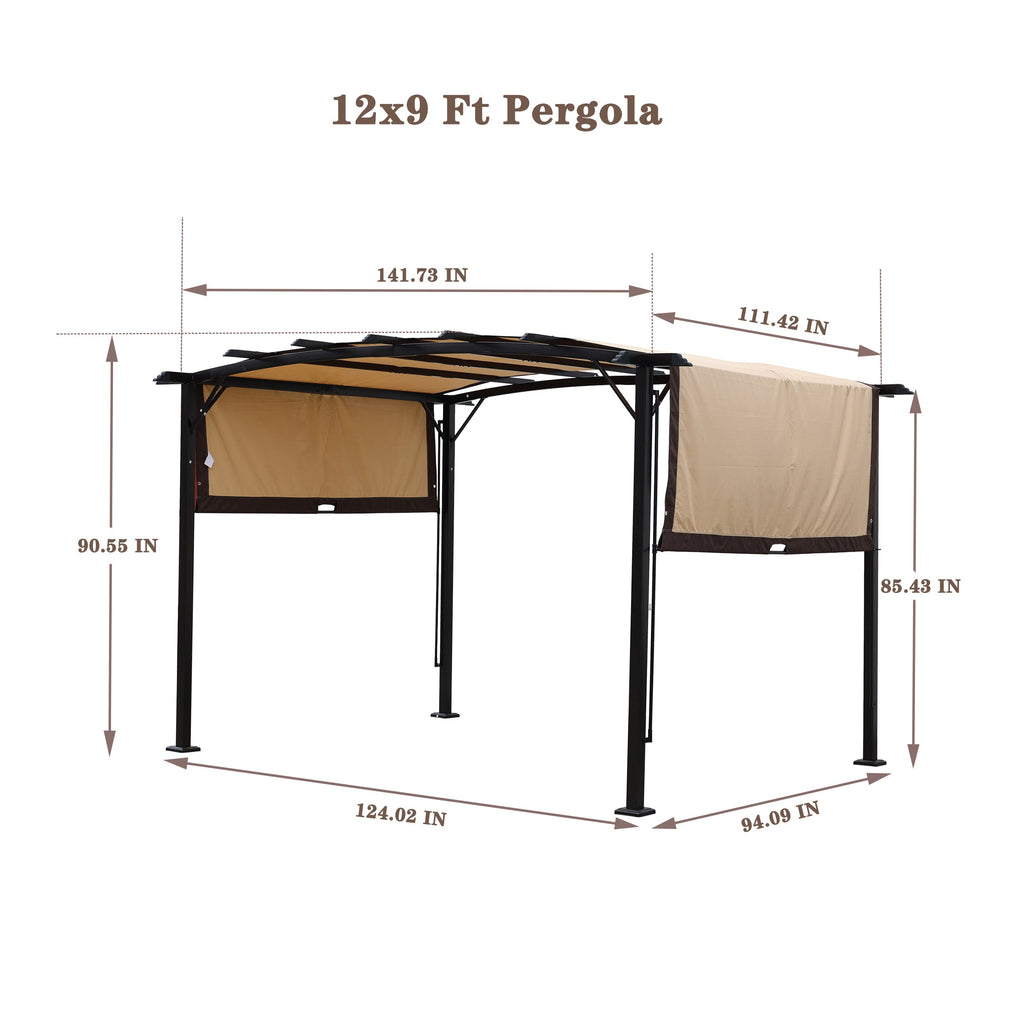 12 x 9 Ft Outdoor Pergola Patio Gazebo, Retractable Shade Canopy, Steel Frame