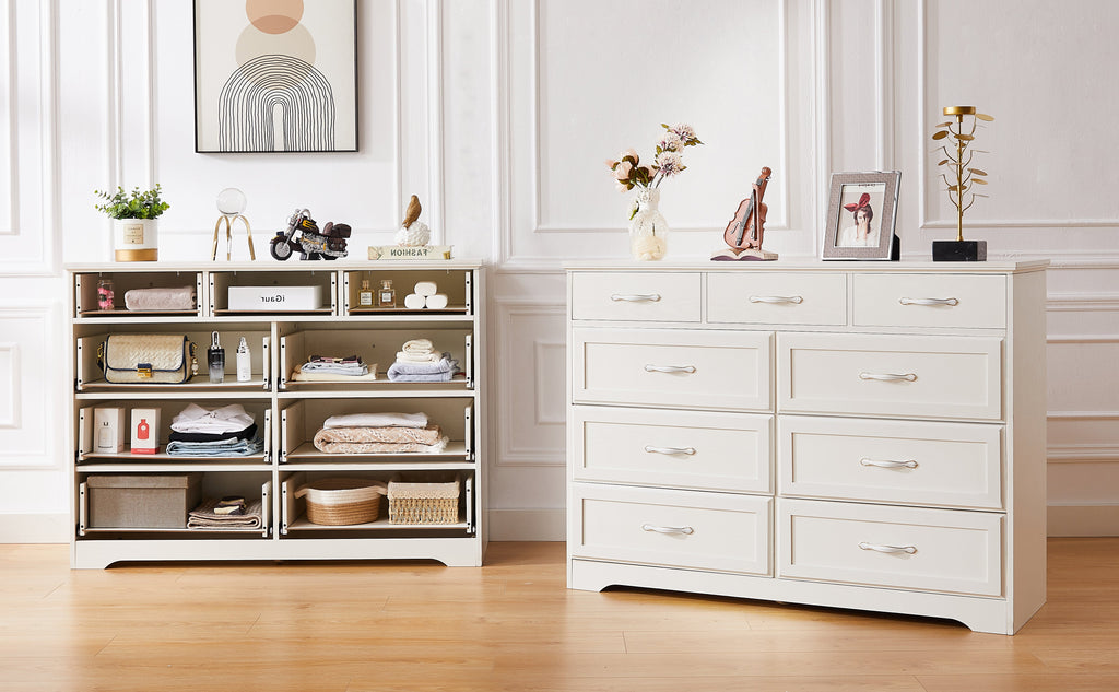 Bedroom dresser 9 drawer long dresser with antique handles wood chest of drawers