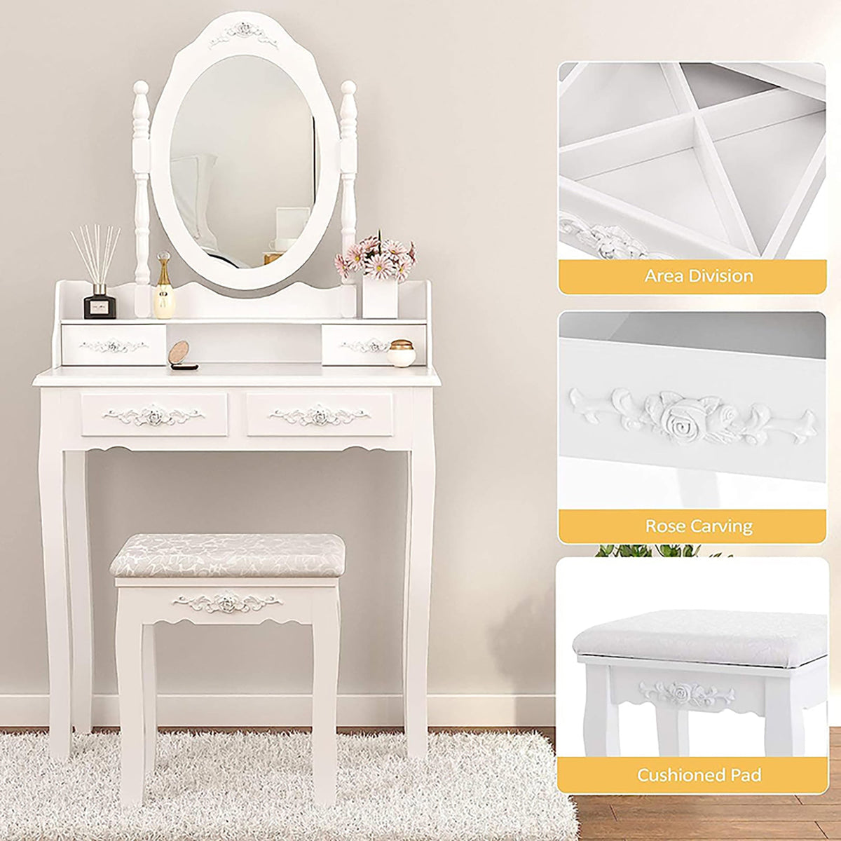Vanity Table Set with 4 Drawer, Makeup Dressing Table w/Cushioned Stool