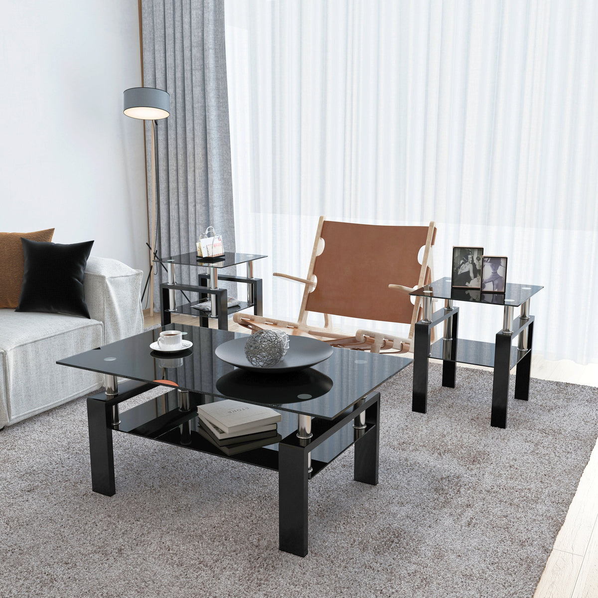 Set of 2, Modern Tempered Glass Tea Table, Coffee Table