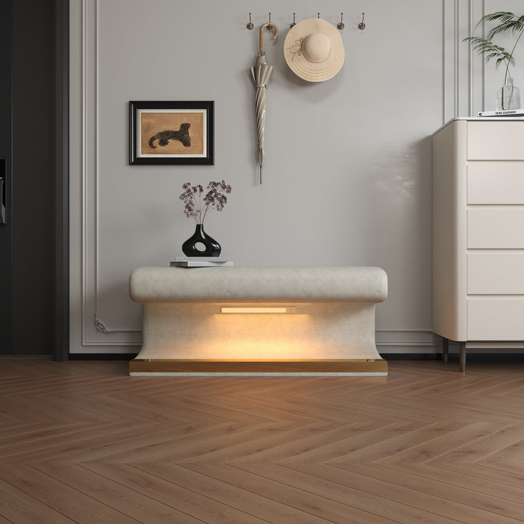Bench Leather Upholstered Ottoman with LED sensor light for end of bed