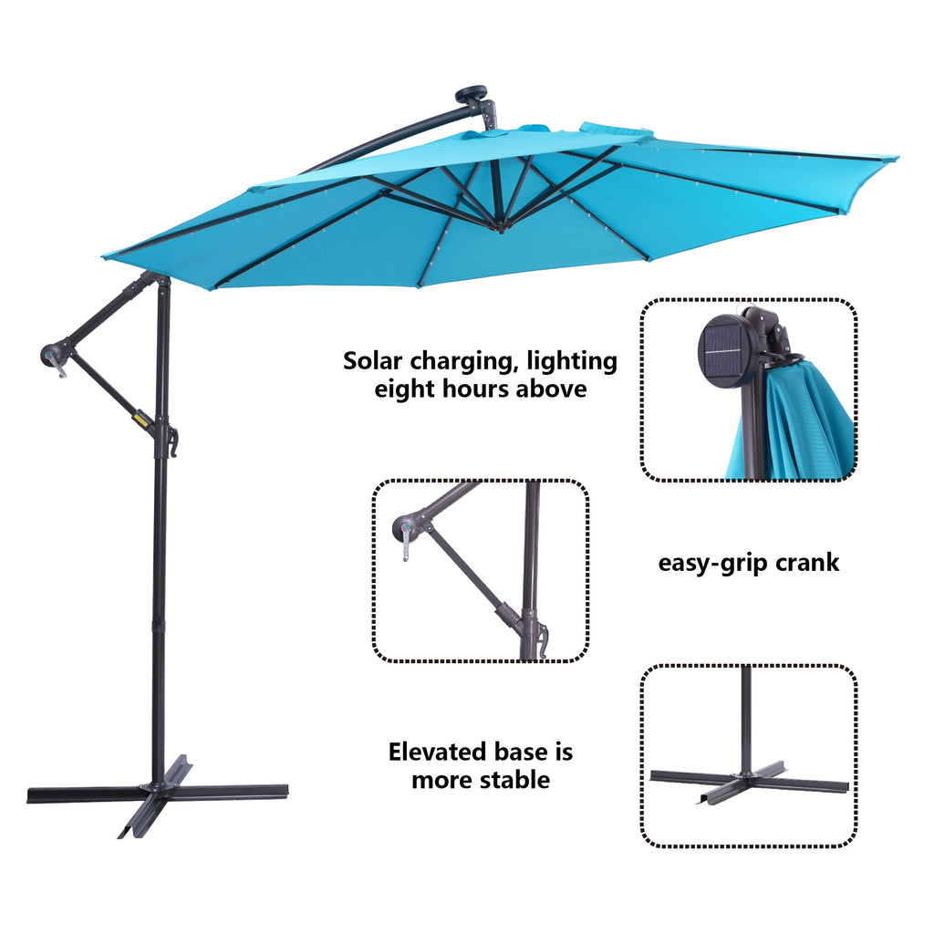 10 FT Solar LED Patio Outdoor Umbrella Hanging Cantilever Umbrella Offset Umbrella