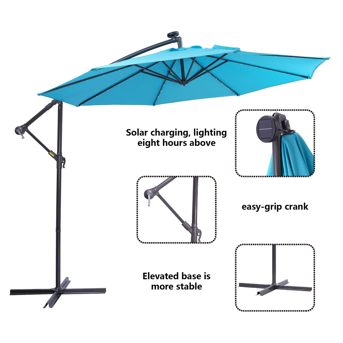 10 FT Solar LED Patio Outdoor Umbrella Hanging Cantilever Umbrella Offset Umbrella