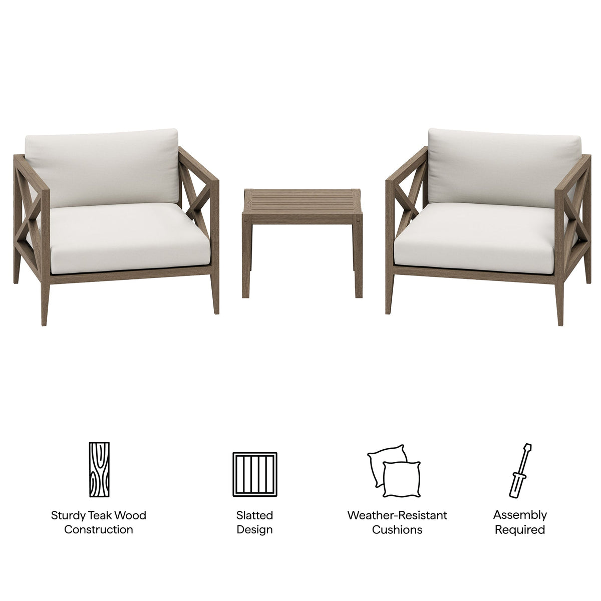 Northlake 3-Piece Outdoor Patio Teak Wood Furniture Set