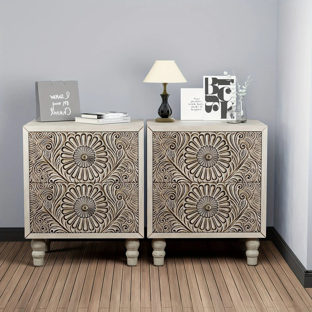 End Table With 2 Drawers, Vintage Style Wood Side Table