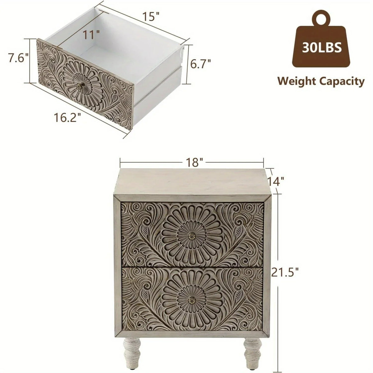 End Table With 2 Drawers, Vintage Style Wood Side Table