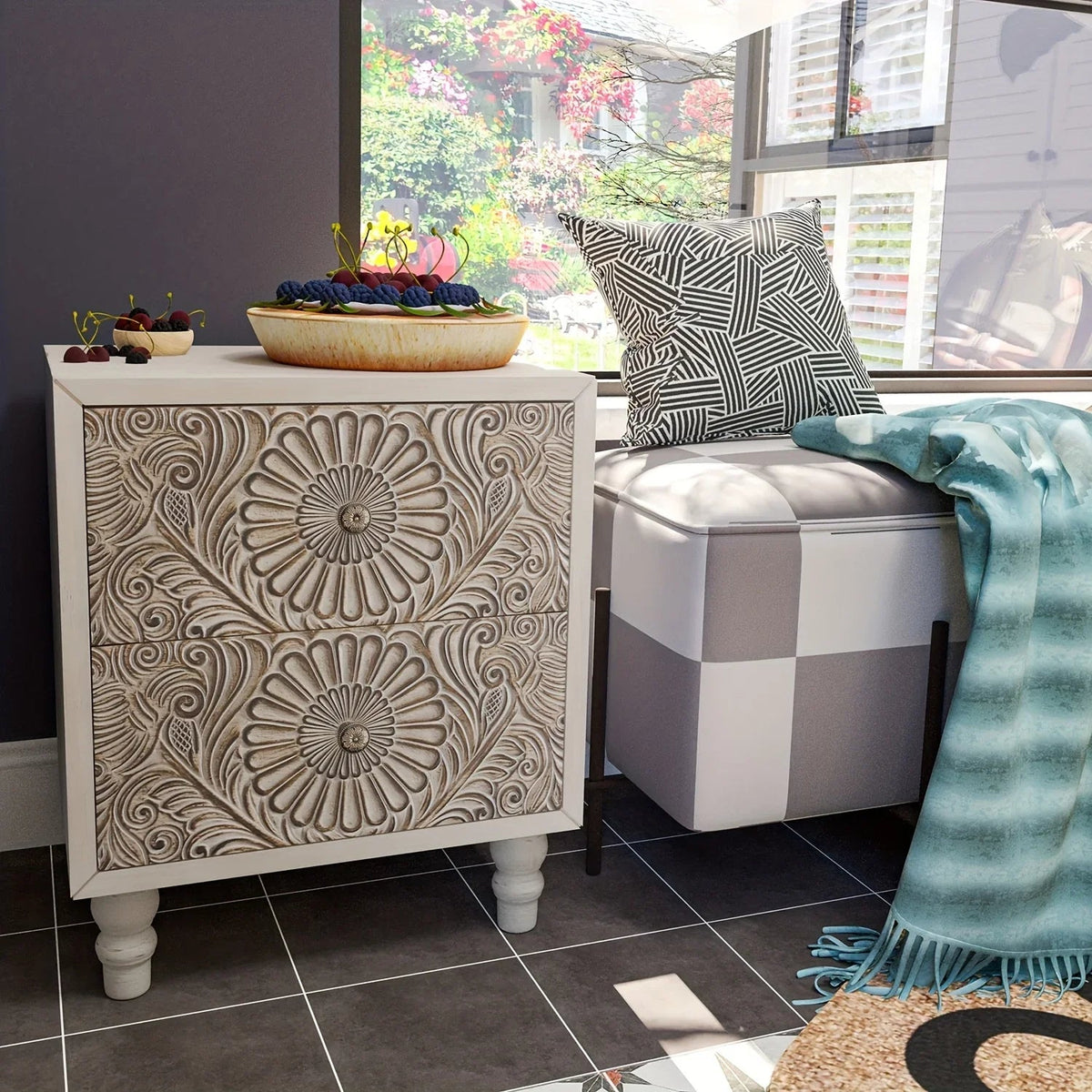 End Table With 2 Drawers, Vintage Style Wood Side Table
