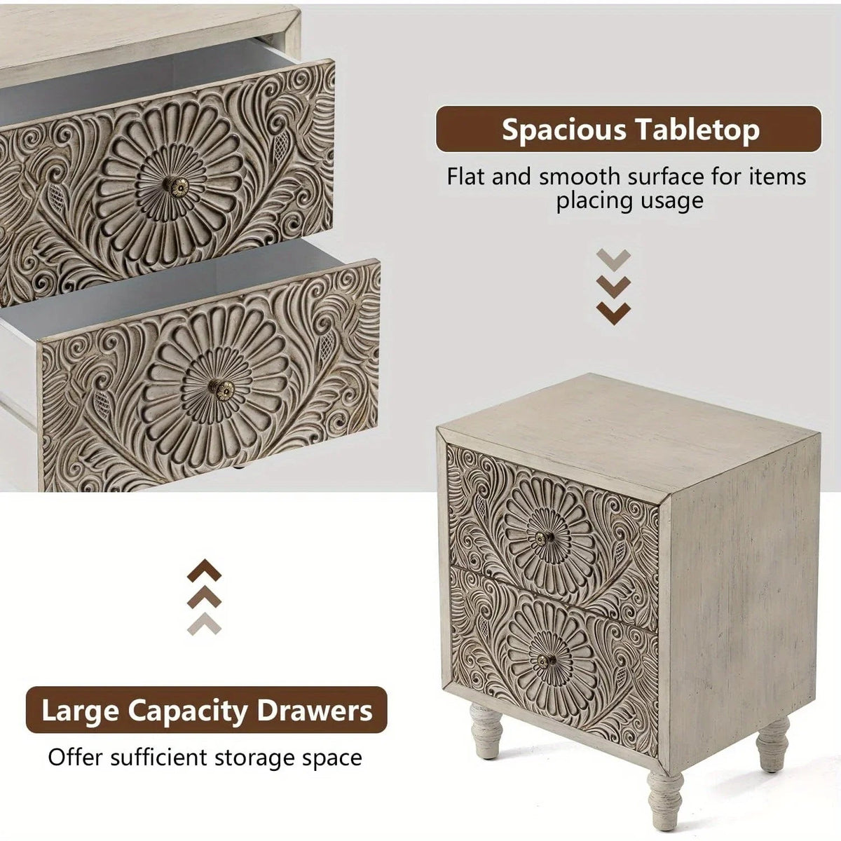 End Table With 2 Drawers, Vintage Style Wood Side Table