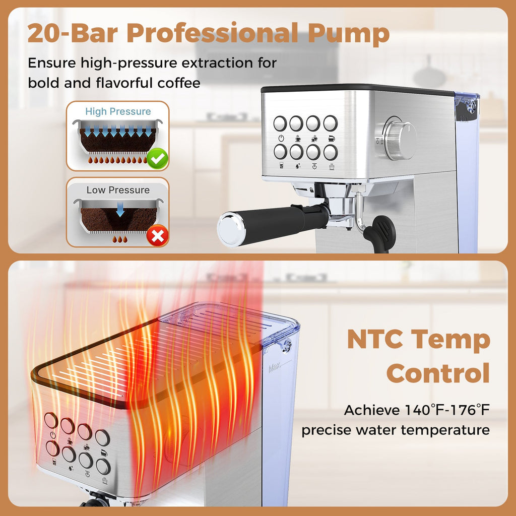 Espresso Machine 20 Bar Compact Stainless Steel Coffee Maker