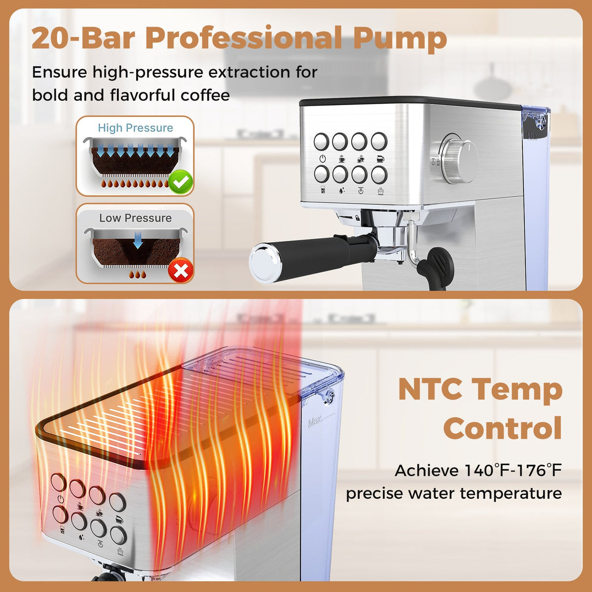 Espresso Machine 20 Bar Compact Stainless Steel Coffee Maker