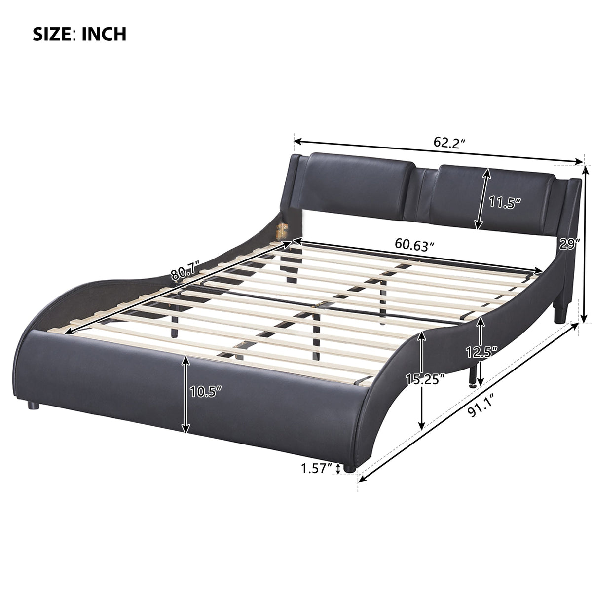 Queen Size Upholstered Faux Leather Platform Bed with LED Light Bed Frame