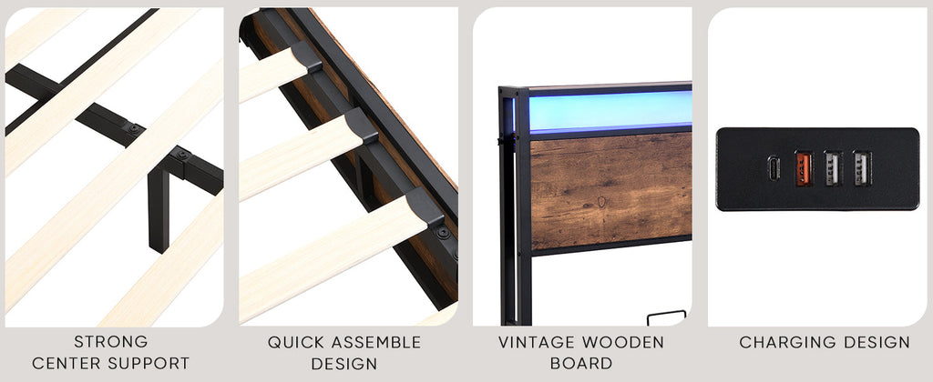 Elevating storage bed frame, full-size bed frame with bookshelf headboard and LED lights
