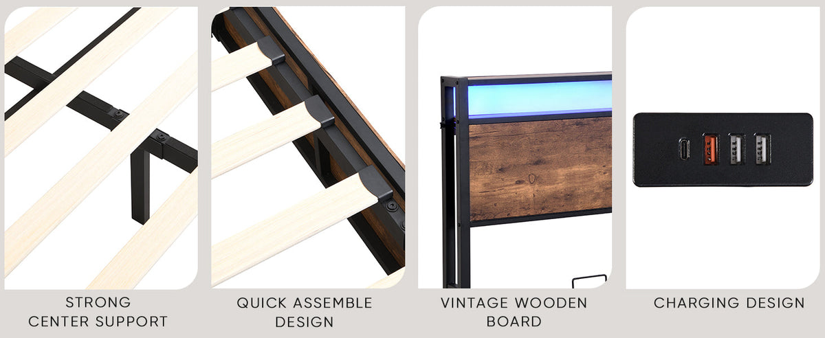 Elevating storage bed frame, full-size bed frame with bookshelf headboard and LED lights