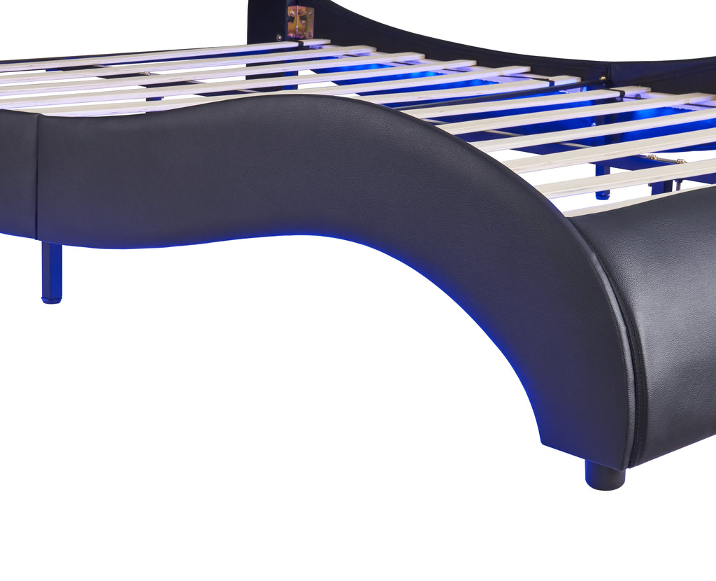 Queen Size Upholstered Faux Leather Platform Bed with LED Light Bed Frame