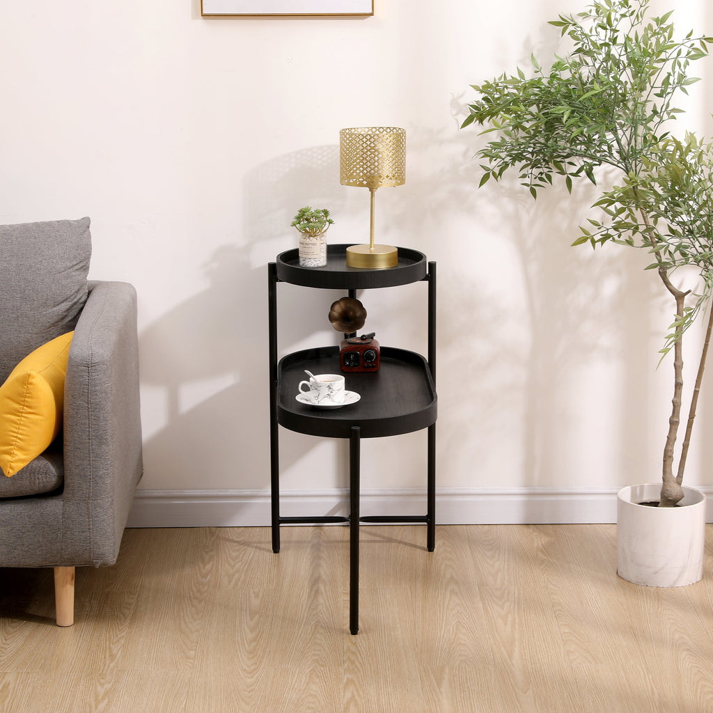 2-Tier Black Side Table with Storage