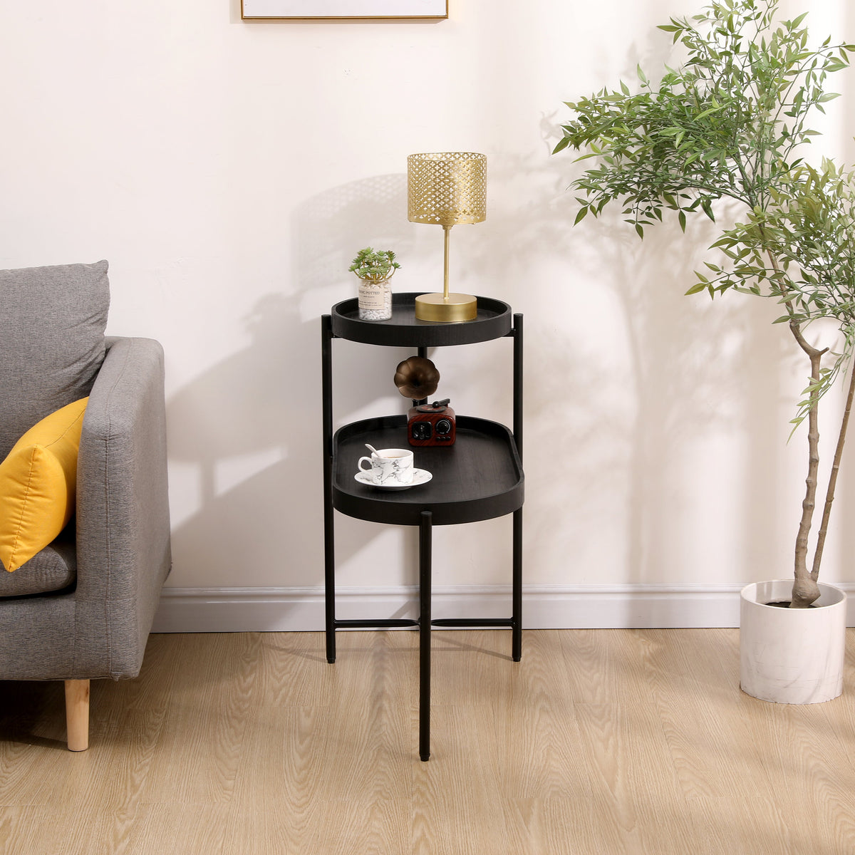 2-Tier Black Side Table with Storage