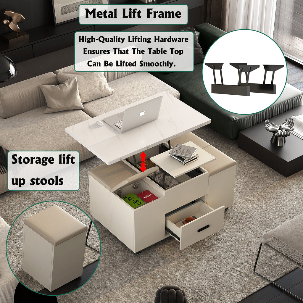 Modern lift coffee table, living room with 4 chairs, expandable, 1 hidden storage space