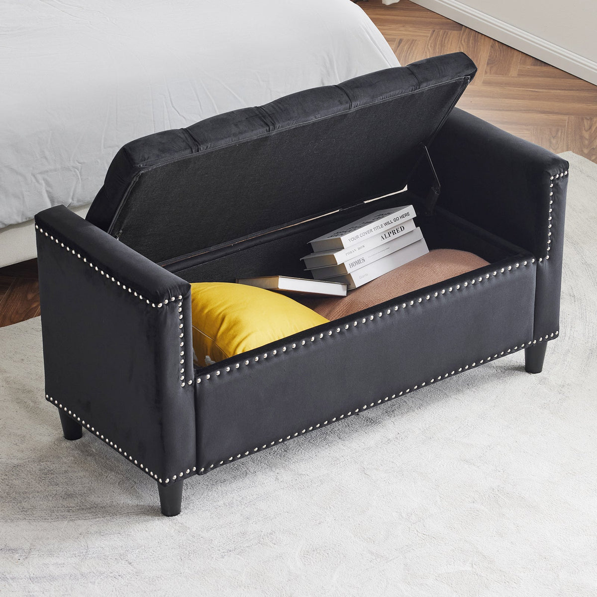 Storage Bench, 44.5-Inch Queen Velvet Button Bedside Bench