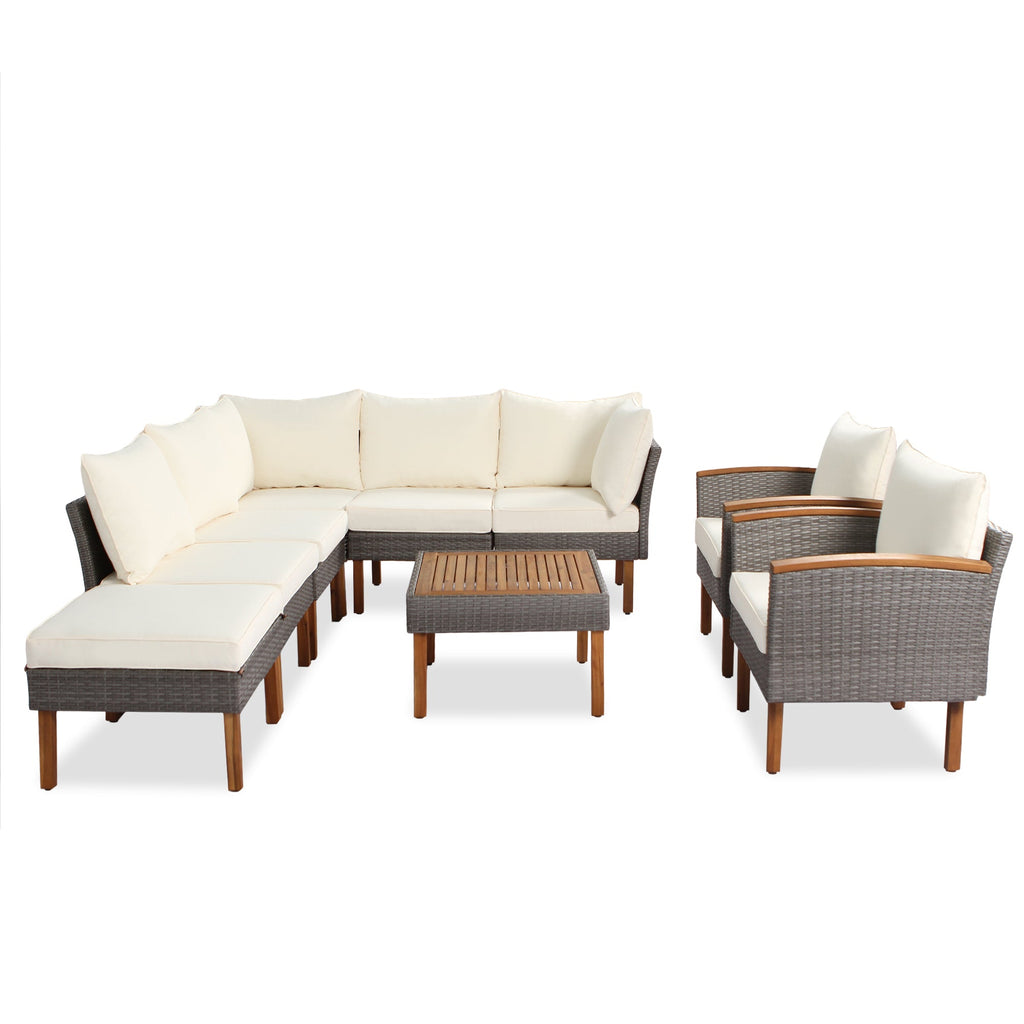 9-piece Patio rattan sofa set, coffee table washable cushions - beige