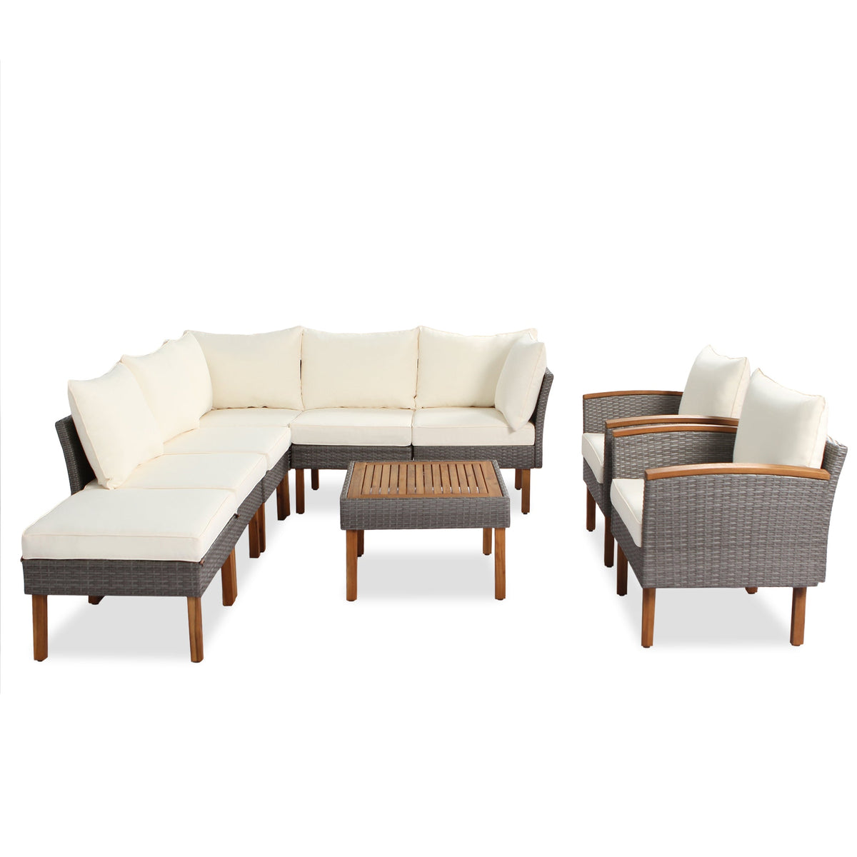 9-piece Patio rattan sofa set, coffee table washable cushions - beige