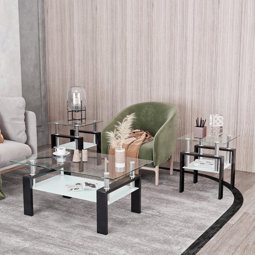 Set of 2, Modern Tempered Glass Tea Table Coffee Table End Table