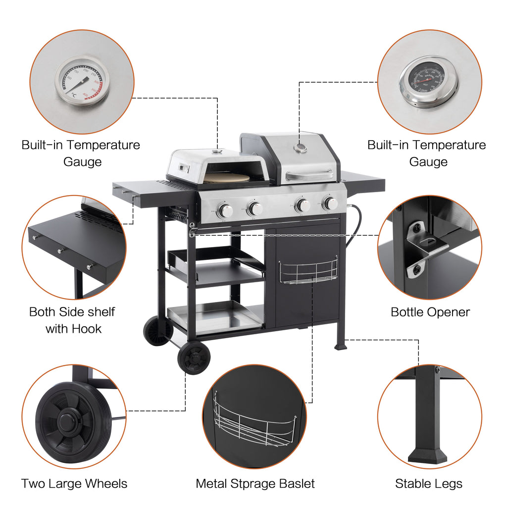 2+2 multifunctional gas barbecue grill and covered grill combination for outdoor cooking