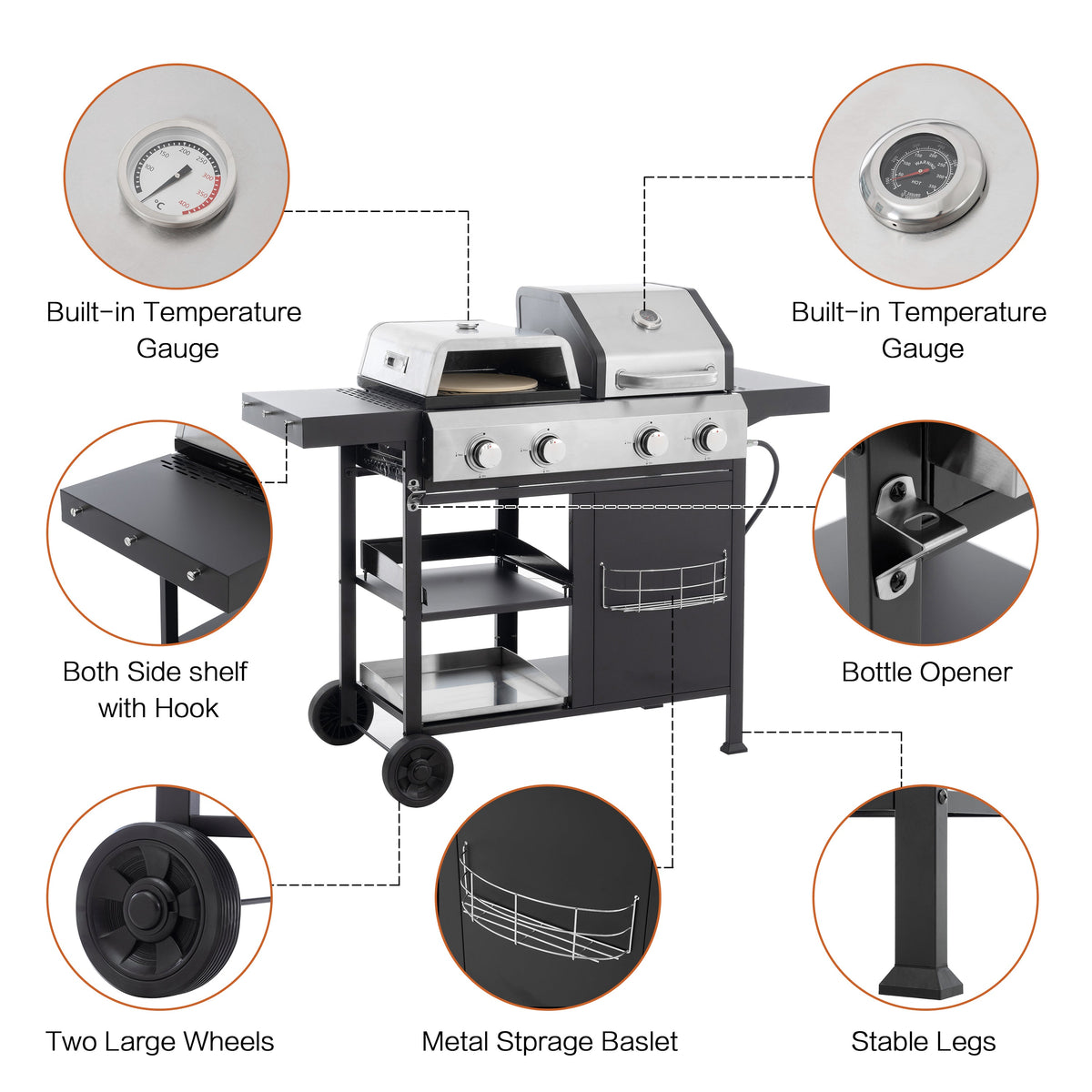 2+2 multifunctional gas barbecue grill and covered grill combination for outdoor cooking