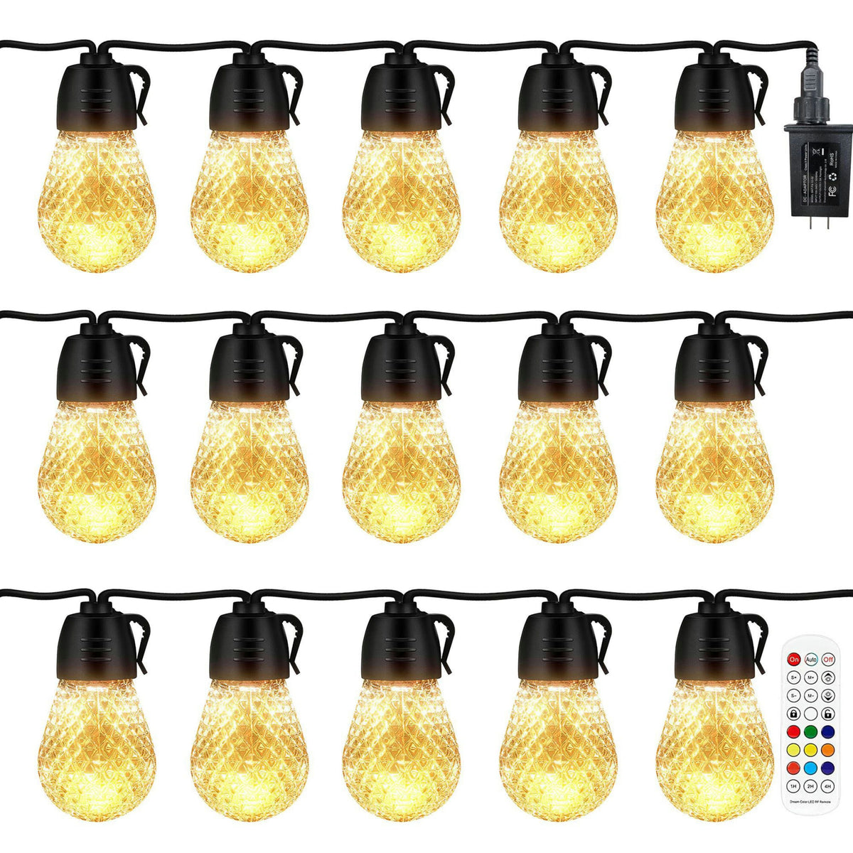 52.5'Colorful Outdoor String Lights Smart RGB LED Patio Lights Waterproof Dimmable Hanging Light Bulbs with APP/ Remote Control 15 Bulbs