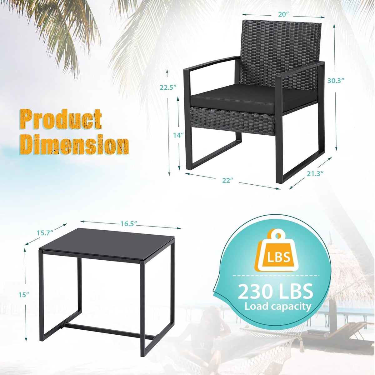 Outdoor 3-Piece Patio Furniture Set with 2 Black Patio Chairs