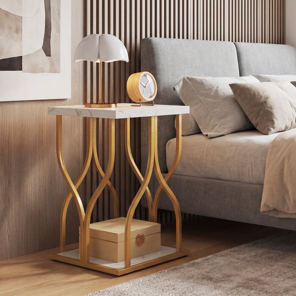 Faux Marble Bedside Night Stand with Petal-Inspired Metal Frame