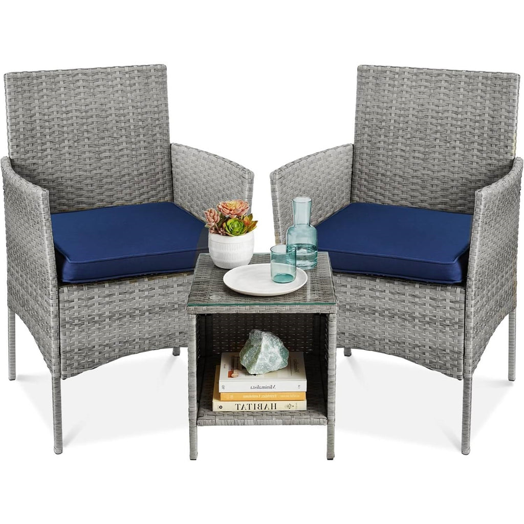 3-Piece Grey Wicker Patio Furniture Dining Set w/ Navy Blue Cushions