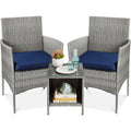 3-Piece Grey Wicker Patio Furniture Dining Set w/ Navy Blue Cushions
