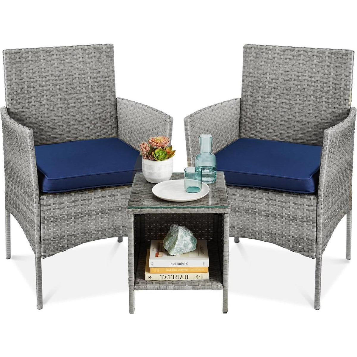 3-Piece Grey Wicker Patio Furniture Dining Set w/ Navy Blue Cushions