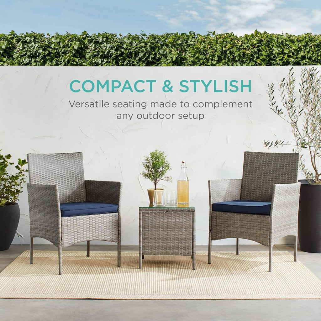 3-Piece Grey Wicker Patio Furniture Dining Set w/ Navy Blue Cushions